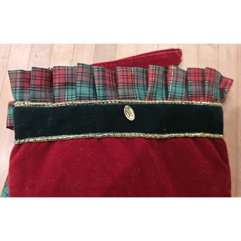 VTG Burgundy Velvet Christmas Stocking Tartan Plaid Gold Wreath Picture Frame - Picture 7 of 10